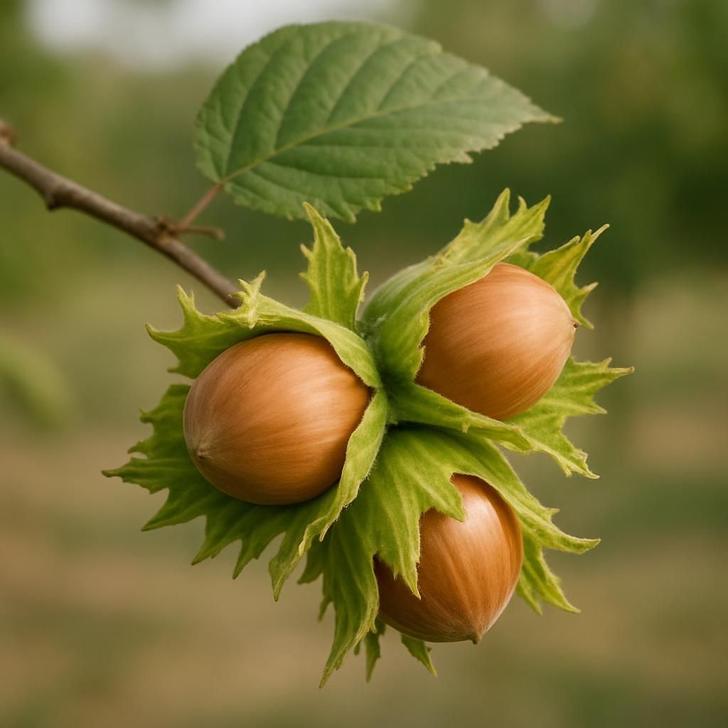 Close-up of Dorris hazelnuts in husks on tree ready for harvest