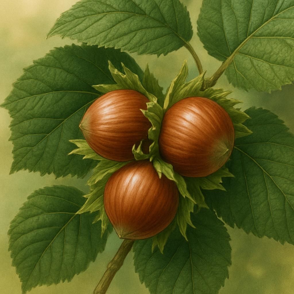 Ripe Jefferson hazelnuts on the tree with green leaves in a commercial orchard