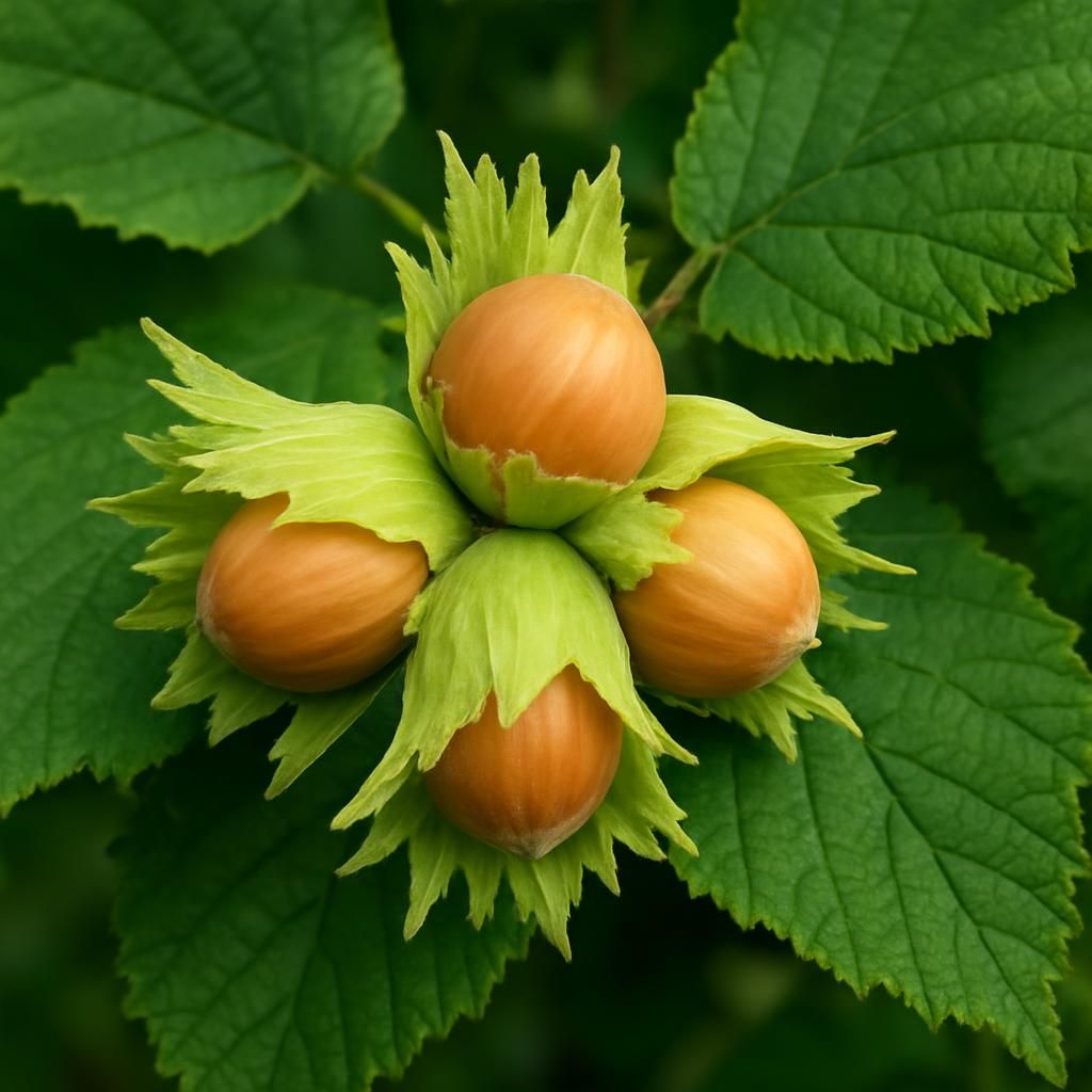 Ripe Lewis hazelnuts on tree showing characteristic leafy husks and plump kernels ready for harvest