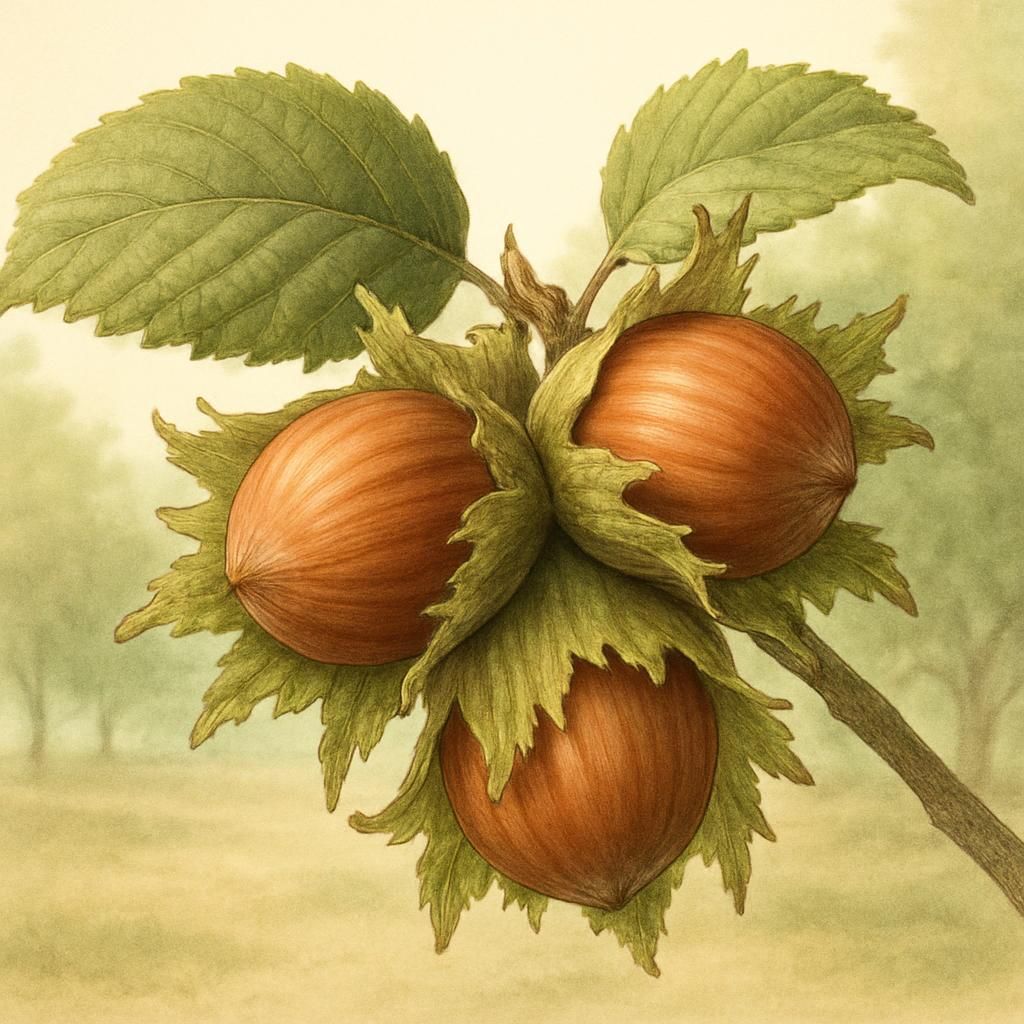 Close-up of Santiam hazelnuts in open husks ready for harvest in a Pacific Northwest orchard