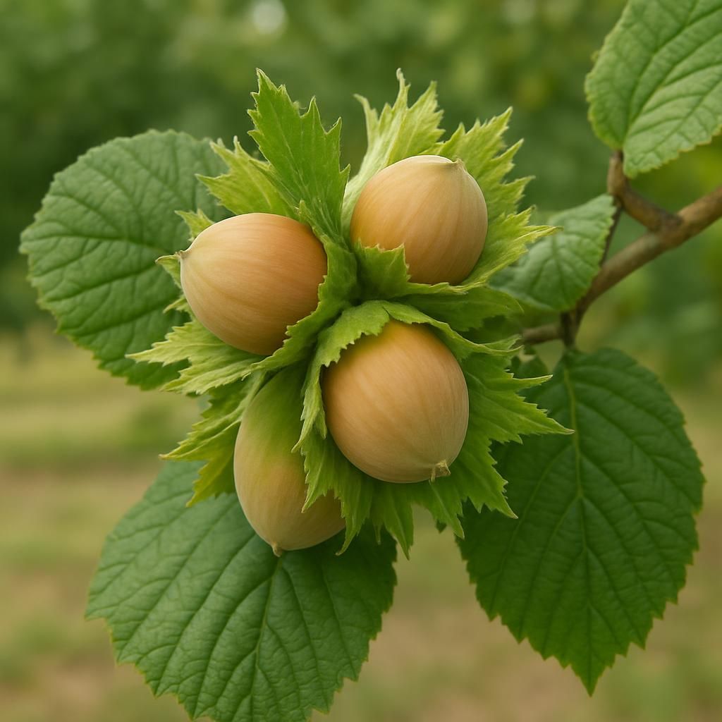 Close-up of Yamhill hazelnuts ripening on the tree showing green husks and healthy foliage