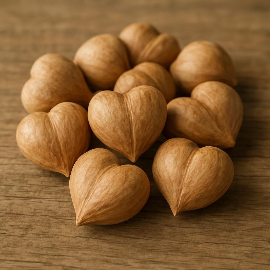 Close-up of heart-shaped heartnut kernels in shells on wood