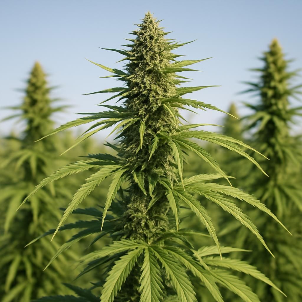 Close-up of CFX-2 hemp plants showing seed heads and stalks ready for harvest