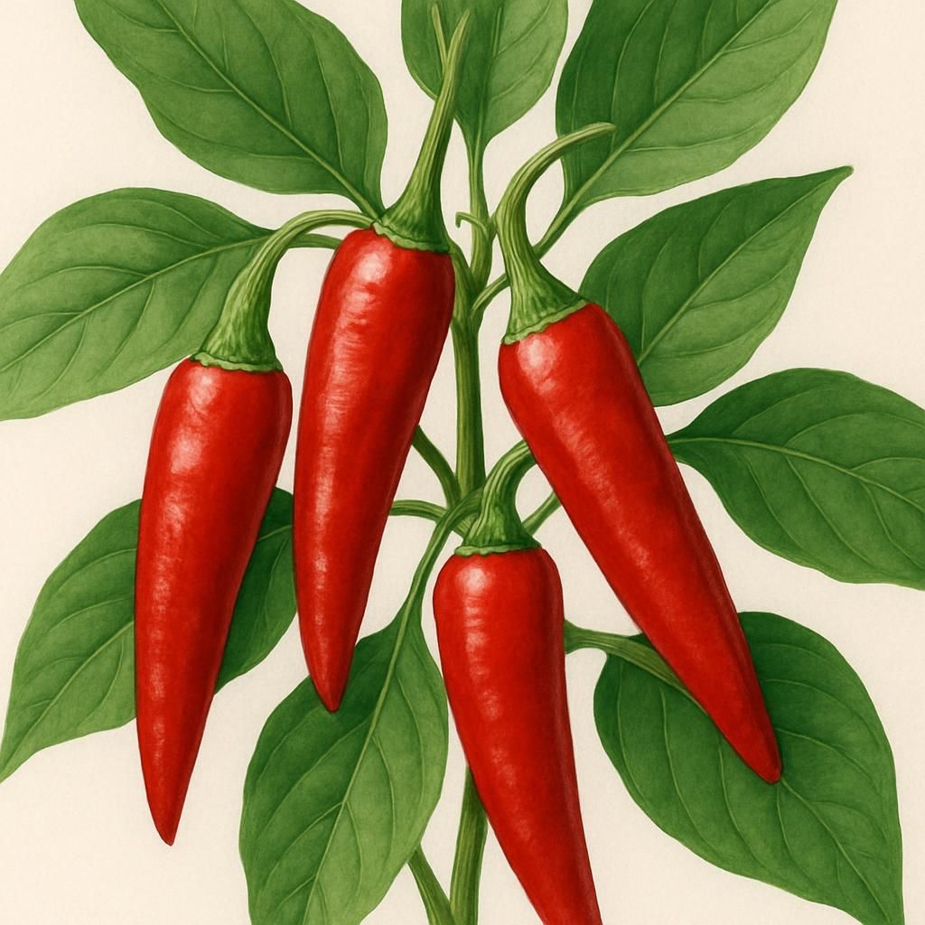 Close-up of vibrant red Heritage 6-4 Chili peppers on the plant.