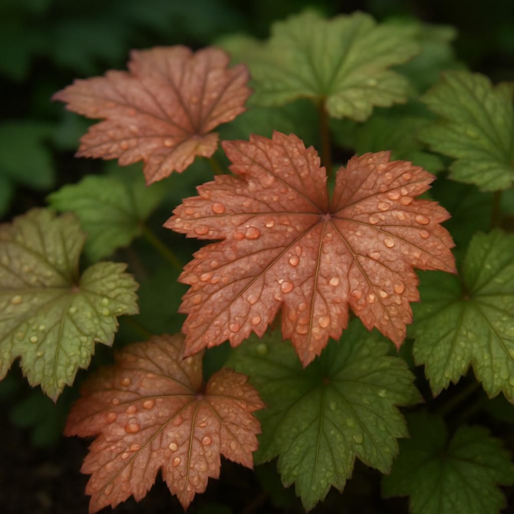 Close-up of colorful Heuchera coral bells foliage showing purple and green leaves with delicate flower spikes