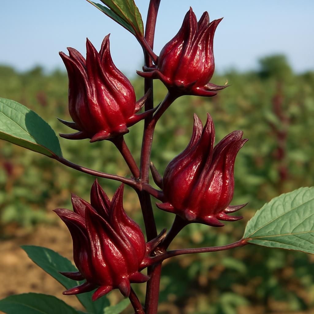 Close-up of deep red Roselle calyces on Hibiscus sabdariffa plant ready for harvest