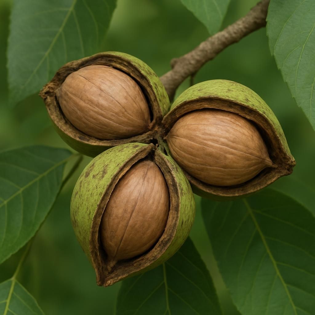 Close-up of Mockernut hickory nuts in open husks on branch showing thick shells and compound leaves