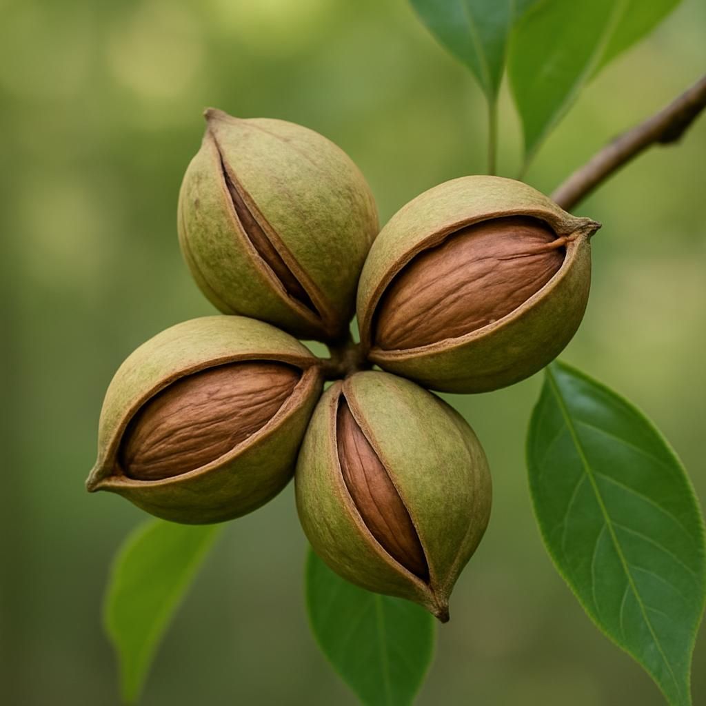 Close-up of ripe Pignut hickory nuts on the tree with splitting husks ready for harvest