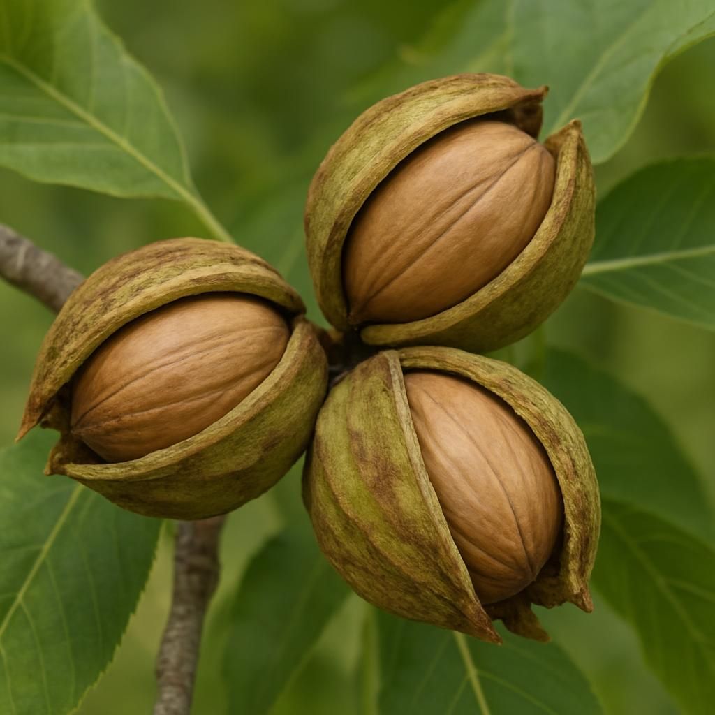 Close-up of Shagbark hickory nuts in split husks ready for harvest on the tree