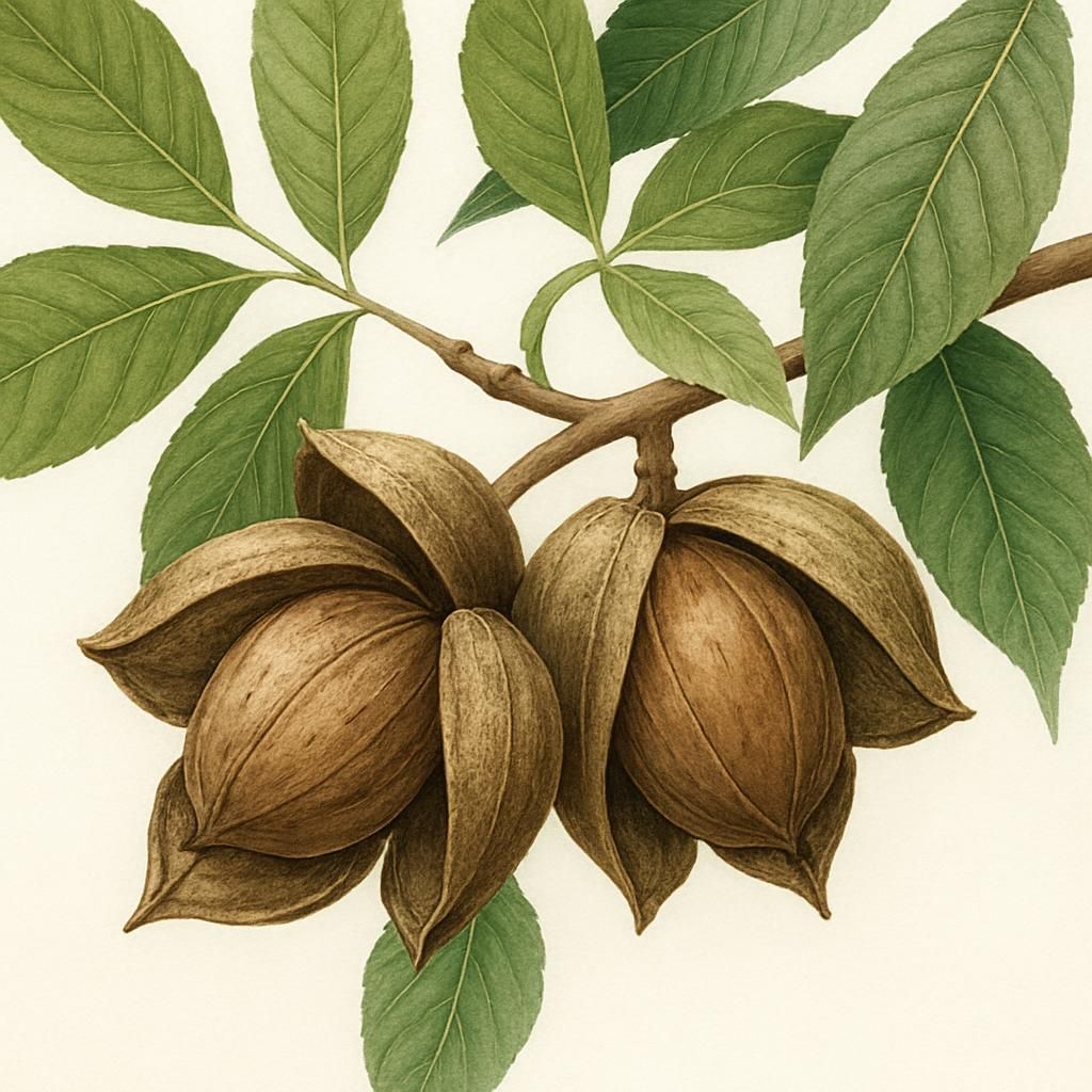 Close-up of shellbark hickory nuts in thick husks on tree branch for growing guide