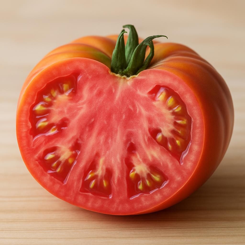 Ripe Hillbilly Tomato cut open showing pink-red streaked flesh on wooden board