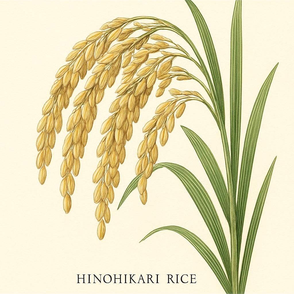 Close-up of premium Hinohikari Rice grains ready for harvest, showcasing its short-grain texture.