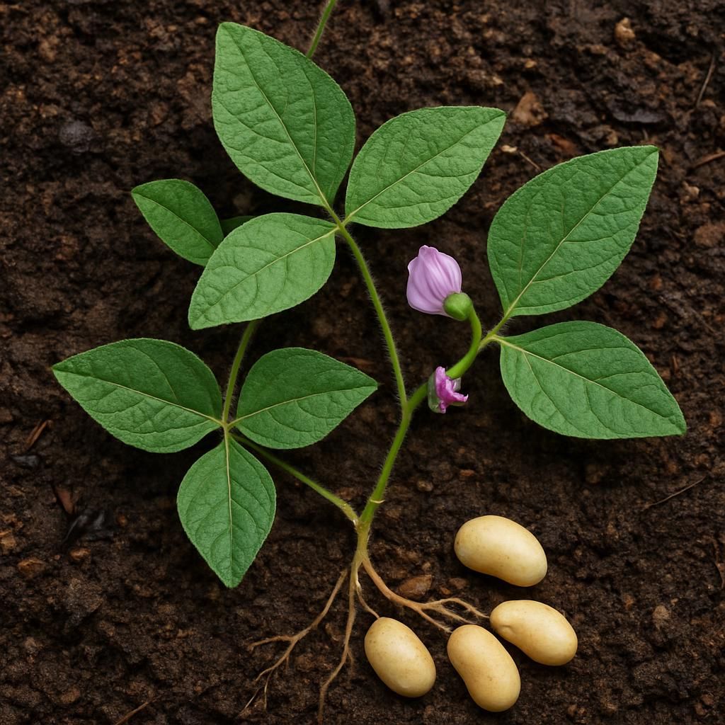 Close-up of hog peanut plant with leaves, flowers, and edible underground seeds in natural woodland setting