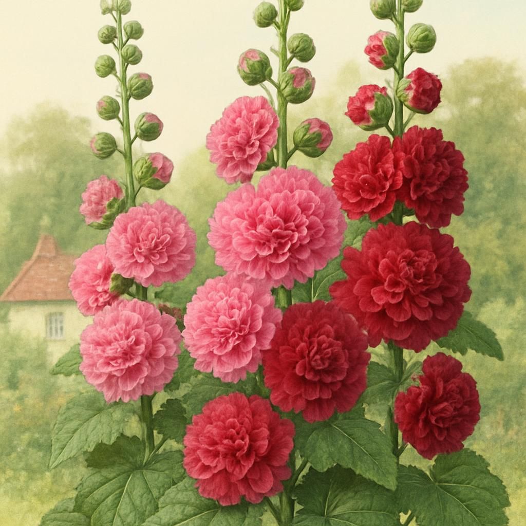 Tall pink hollyhock flower spikes in full bloom in a sunny cottage garden