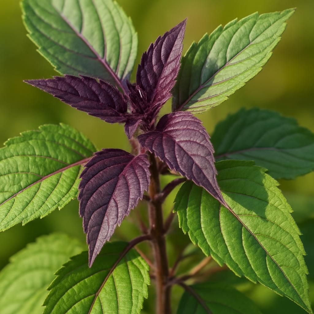 Close-up of Holy Basil (Hototogisu) leaves with vivid green and purple shades.