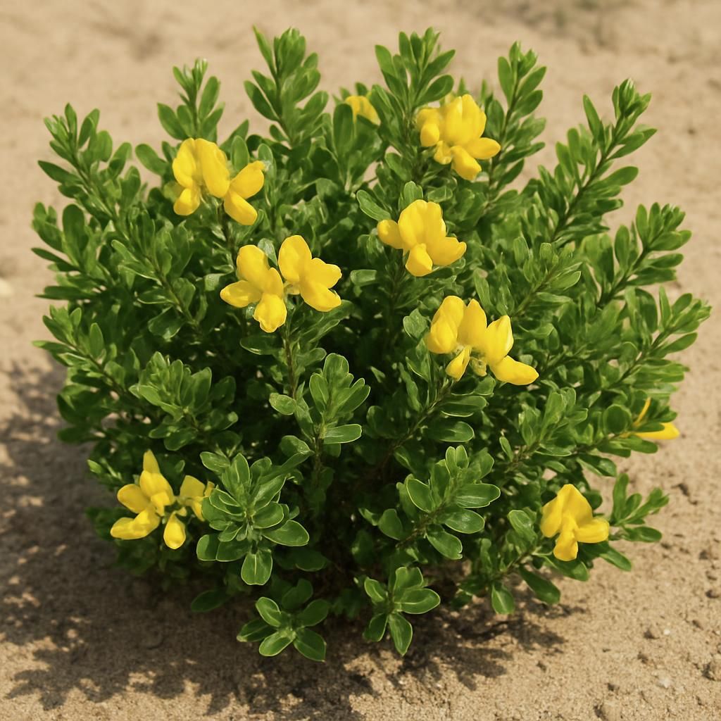 Close-up of Honeybush plant with yellow flowers in sandy South African fynbos soil