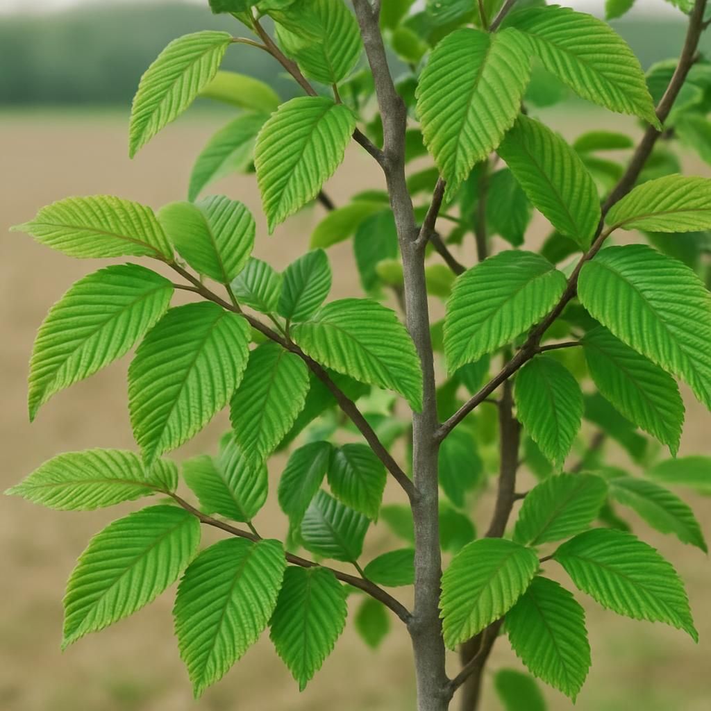 Close-up of healthy European hornbeam leaves and bark for professional growing guide