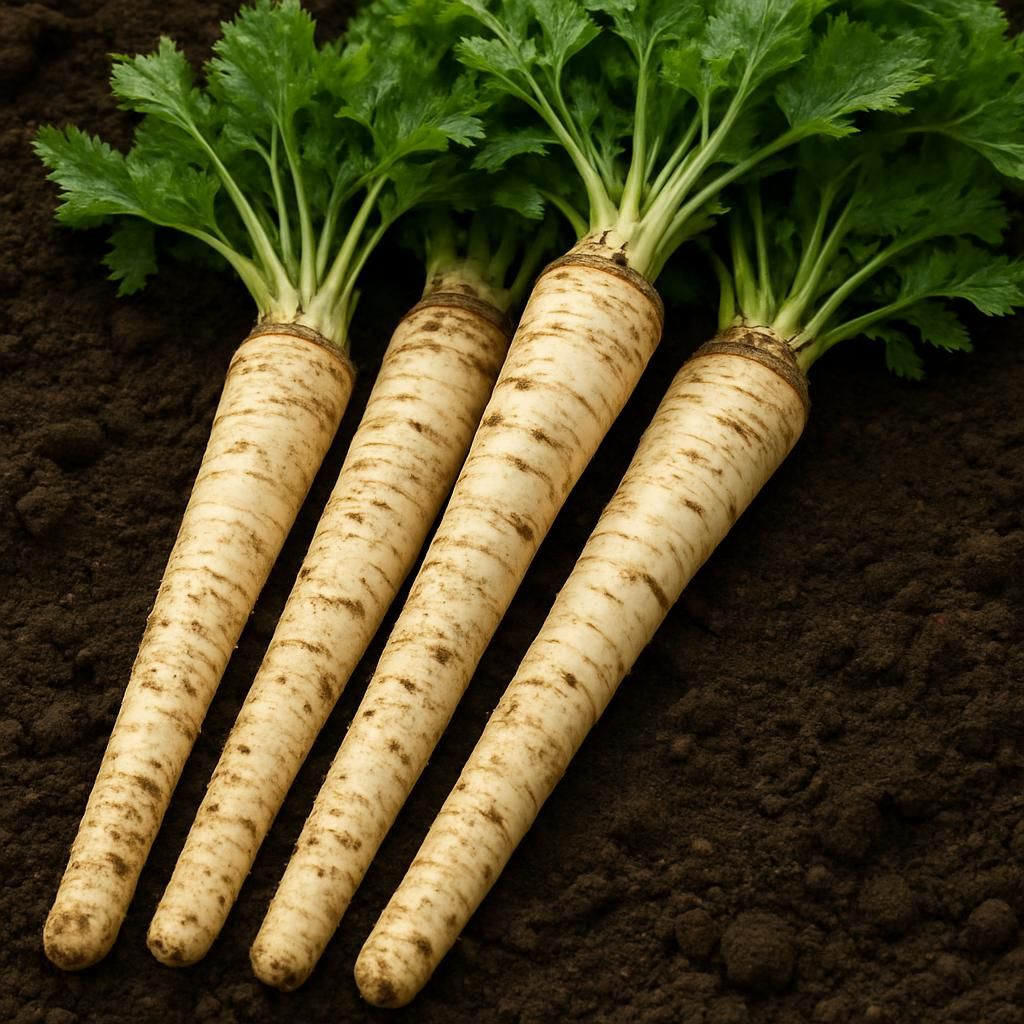 Freshly harvested straight Maliner Kren horseradish roots with green leaves on soil