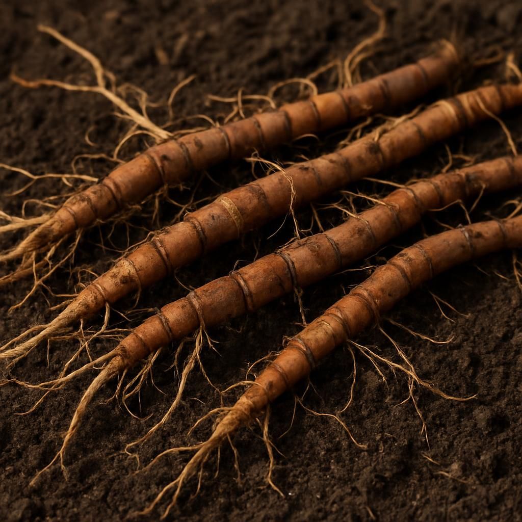 Freshly harvested Horsetail Root rhizomes showing segmented structure and fine roots