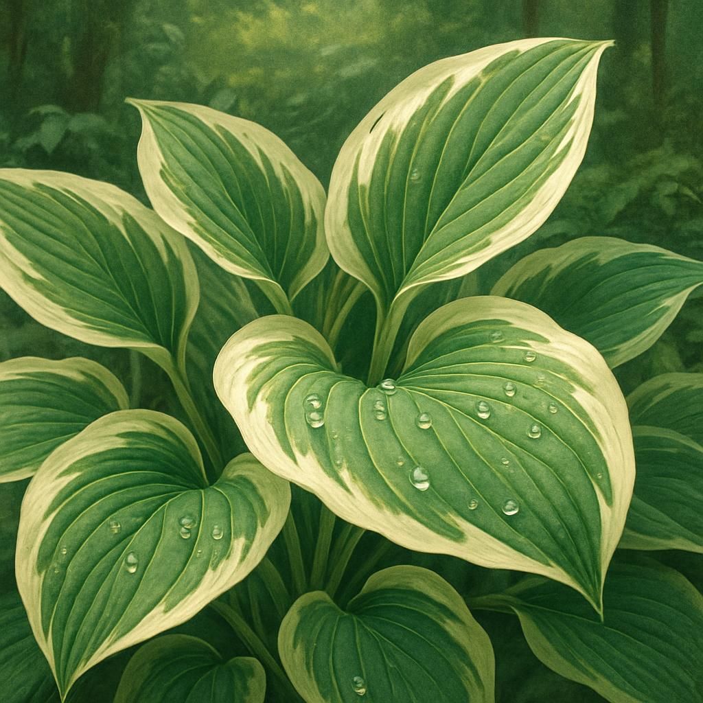 Close-up of healthy variegated hosta foliage showing dew drops in a shaded garden setting