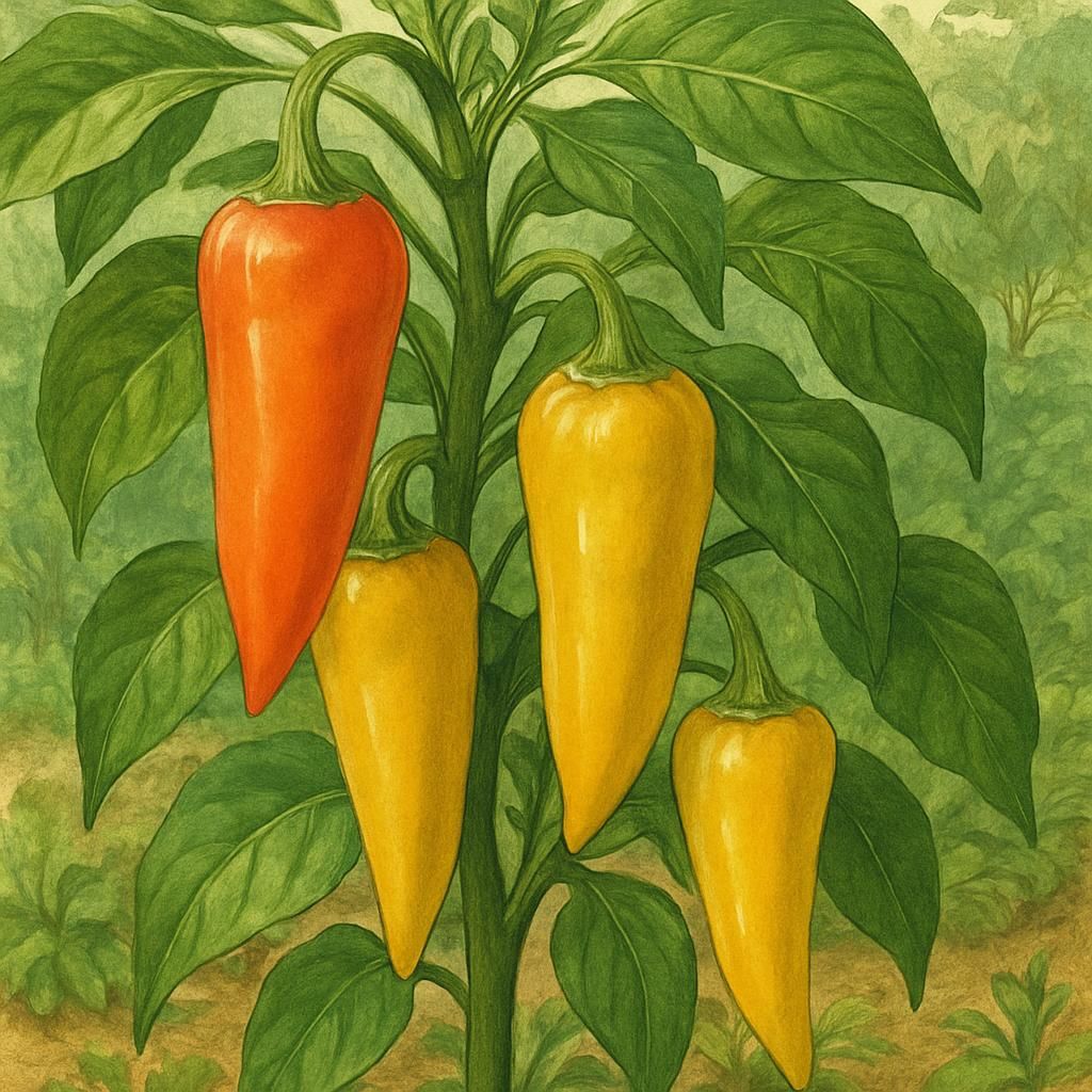 Close-up of mature Hungarian Wax Peppers with glossy skin and healthy green leaves.
