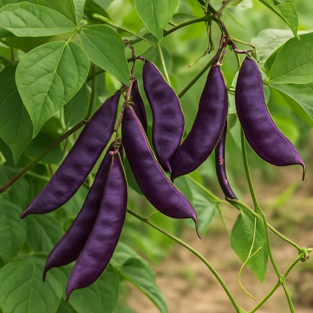Close-up of purple and green hyacinth bean pods on healthy vines in a garden setting