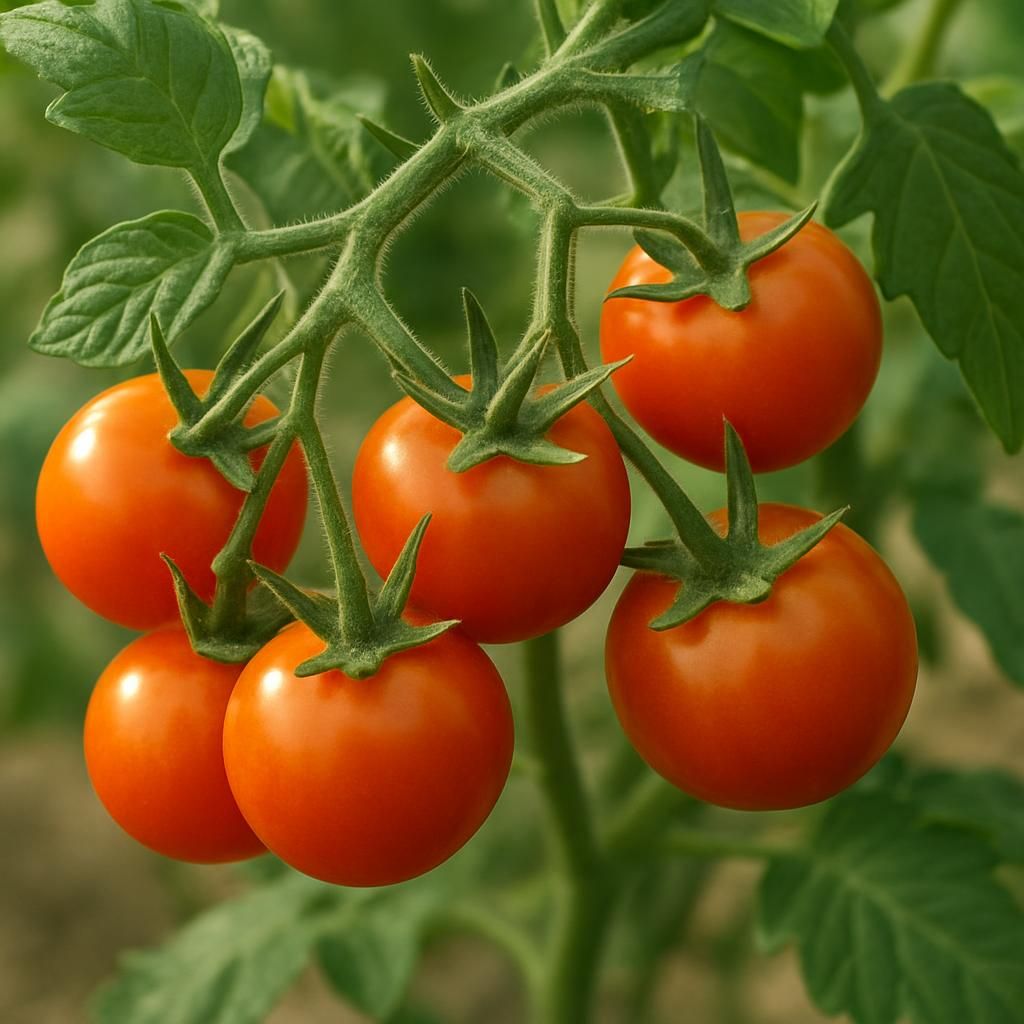 Close-up of ripe Ildi cherry tomatoes on the vine showing glossy orange-red fruit and healthy green leaves