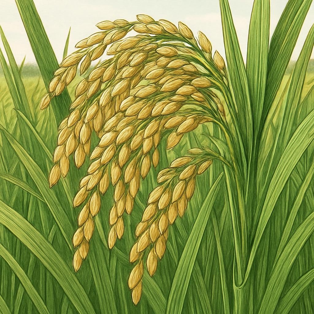 Close-up image of Illabong Rice grains in a sunlit field.