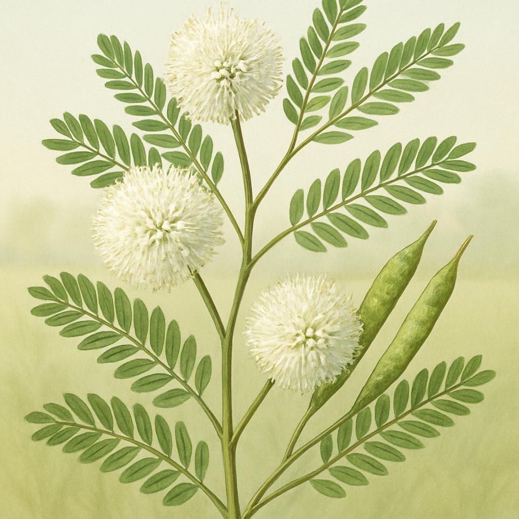 Close-up of Illinois bundleflower with white flower heads and seed pods in a prairie field