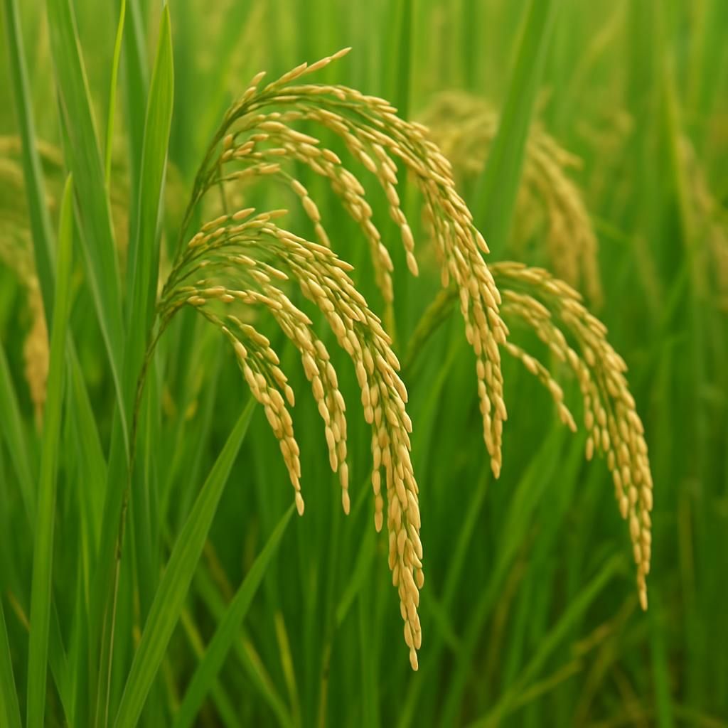 Close-up of Illuppai Poo Samba Rice grains ripening in the field against a blue sky.