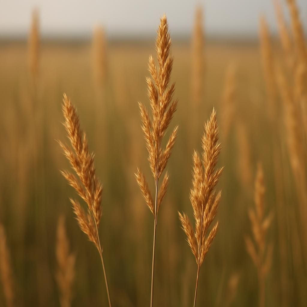 Close-up of golden indiangrass seed heads in a native prairie field under natural sunlight