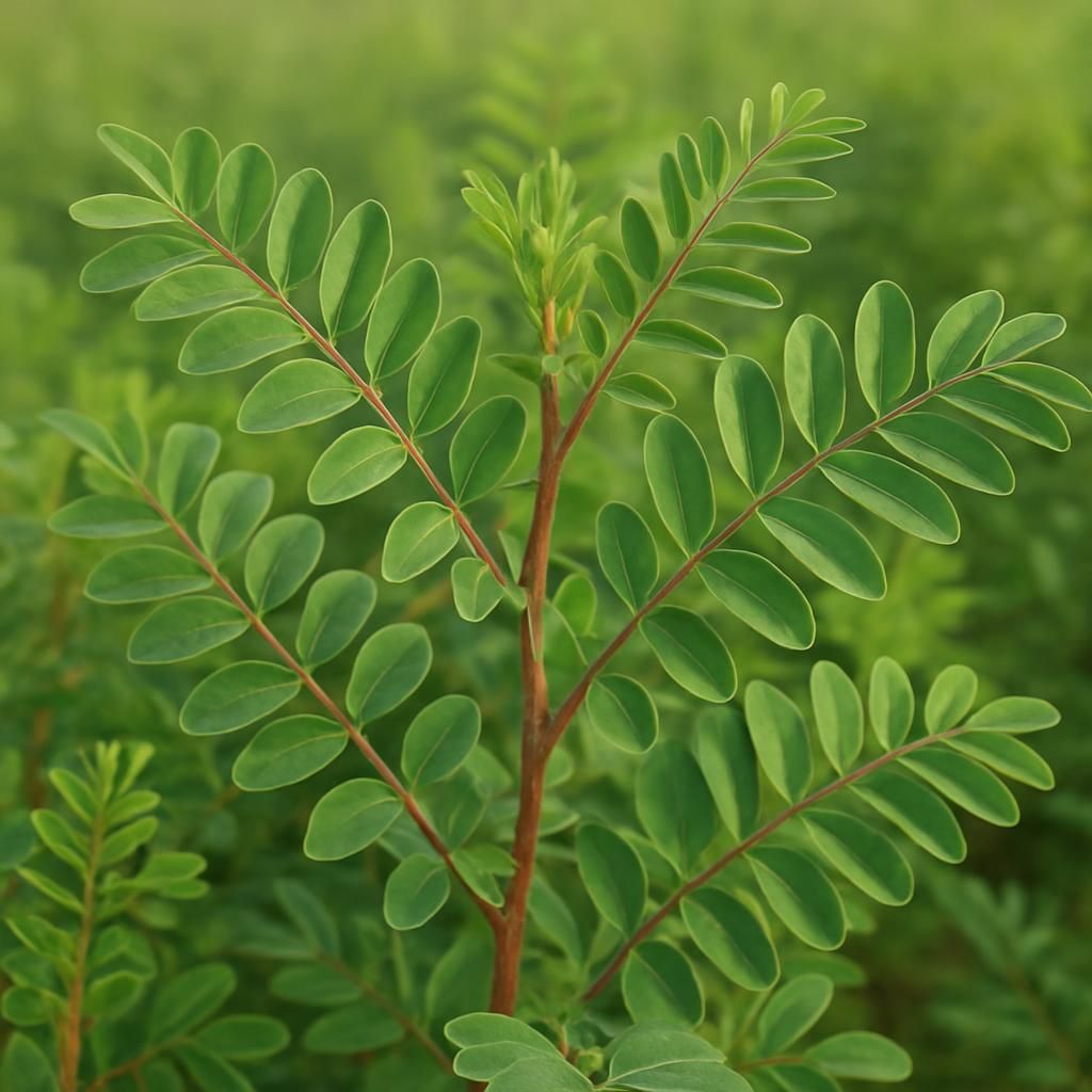 Close-up of lush Indigo Root plants with green compound leaves ready for natural dye harvest