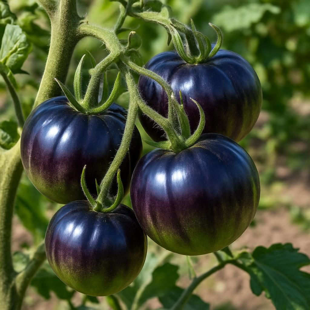 Ripe Indigo Rose Tomatoes showing deep purple skin and green calyx on healthy vine
