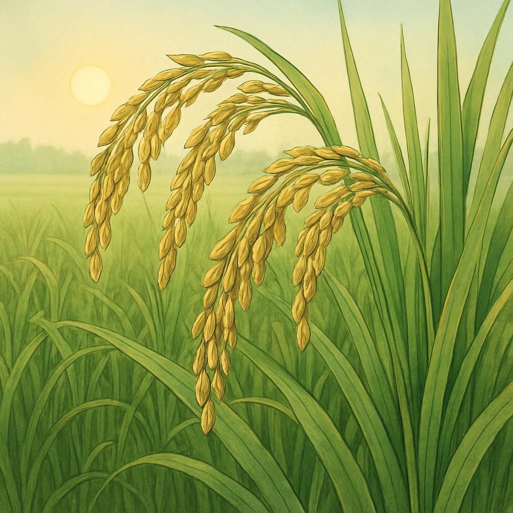 Close-up image of IR64 Rice plants in a field, showcasing lush green leaves and golden grains.