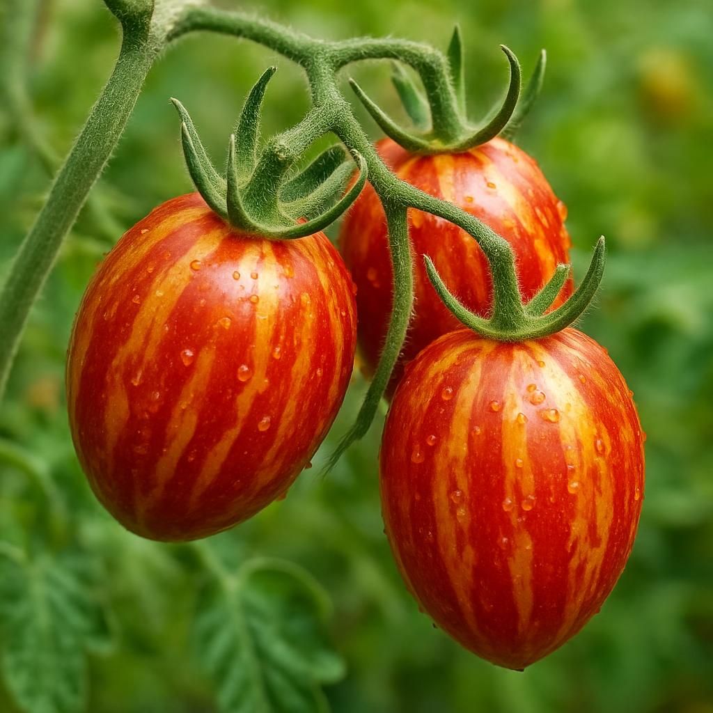 Ripe Isis Candy Tomato with distinctive red-gold candy stripes growing on vine