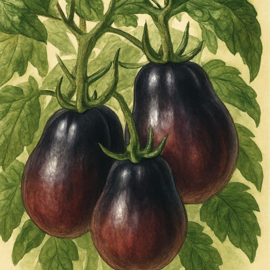 Ripe Japanese Black Trifele heirloom tomatoes with purple-black shoulders on the vine