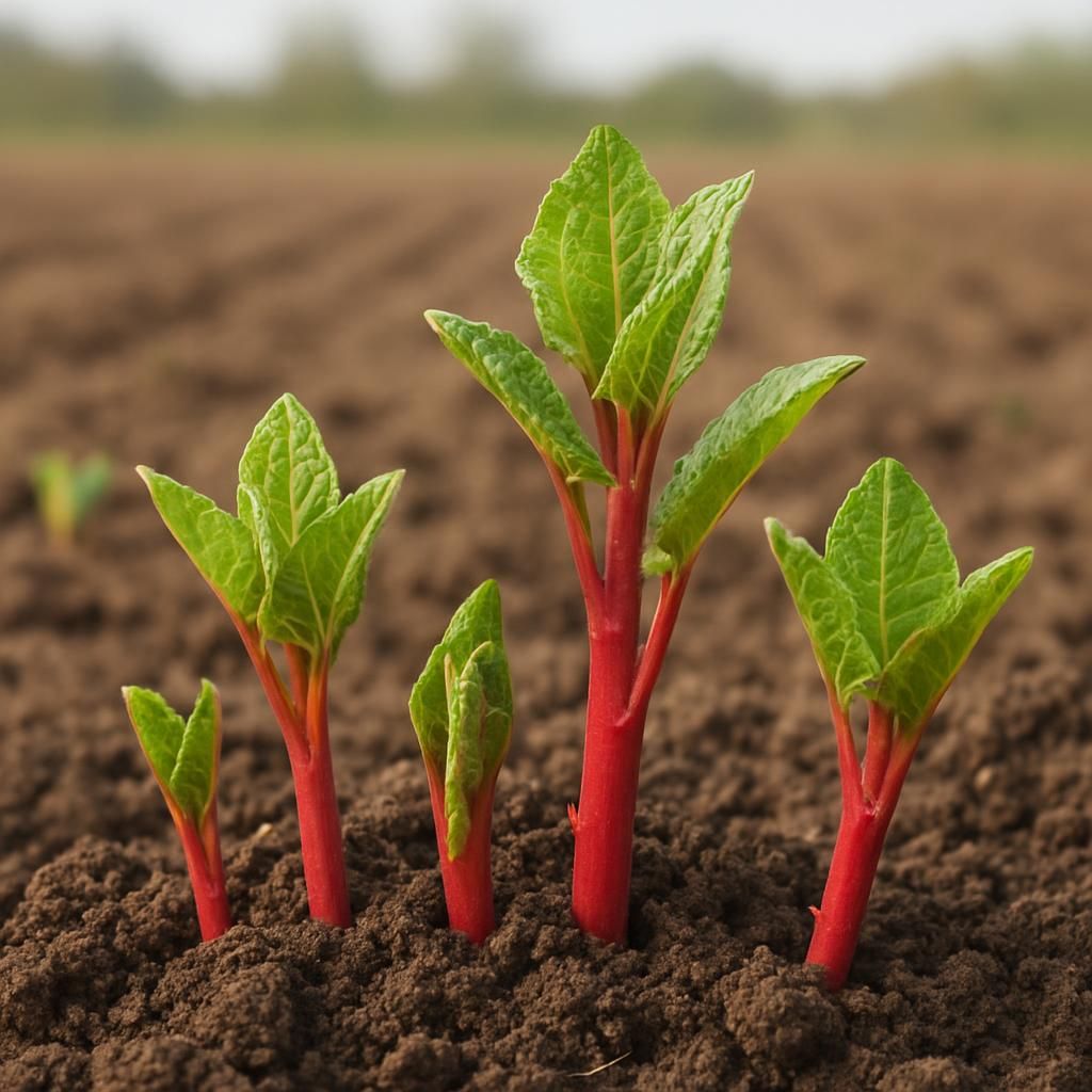 Close-up of tender Japanese Knotweed shoots with red stems and green leaves emerging from fertile soil in early spring