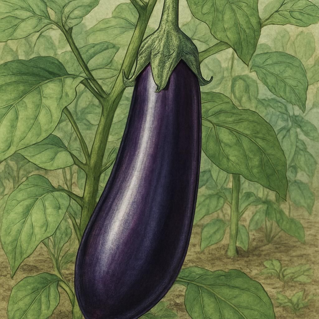 Close-up of a glossy, dark purple Japanese Millionaire Eggplant hanging on a vine.