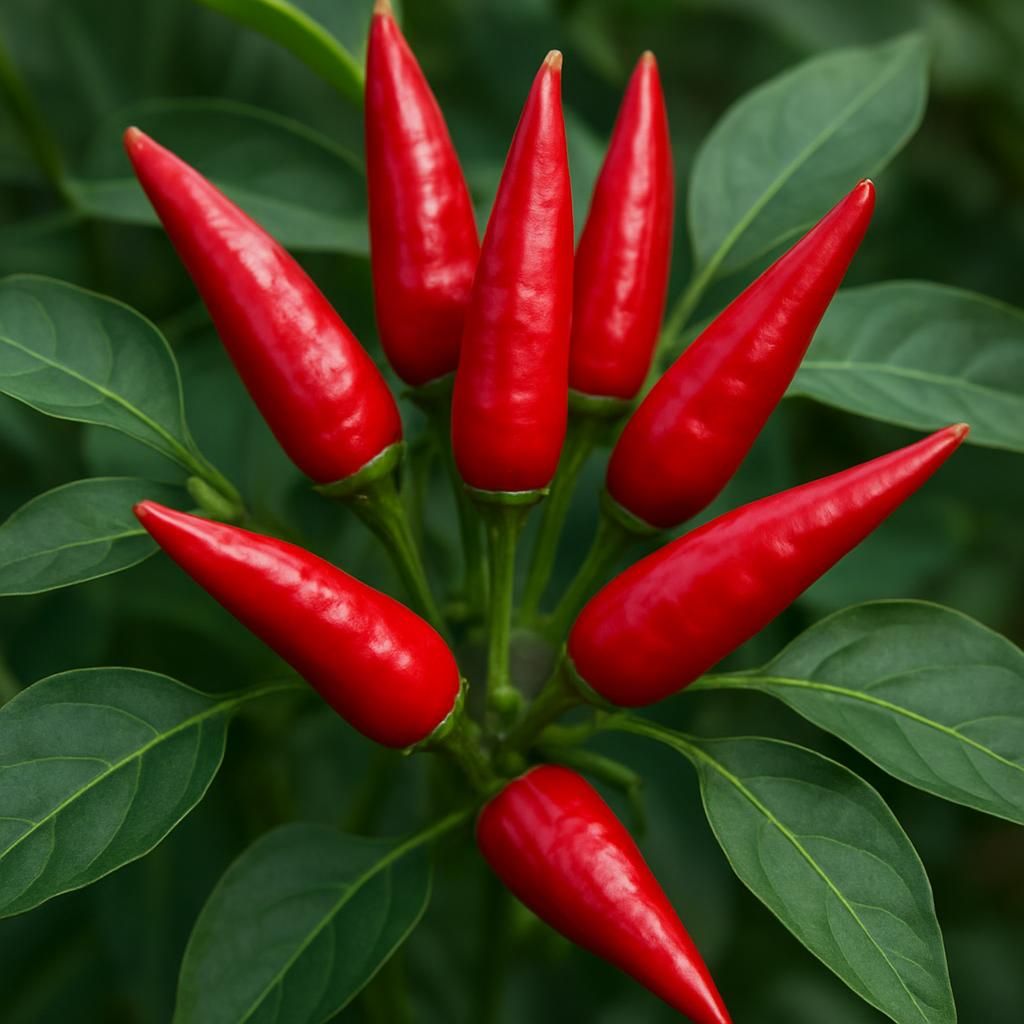 Close-up of ripe red Japones chili peppers on plant ready for harvest