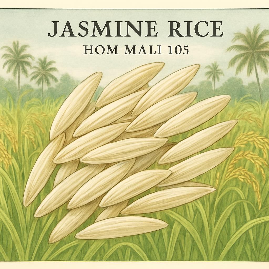 Close-up of Jasmine Rice (Hom Mali 105) grains with a lush field backdrop.