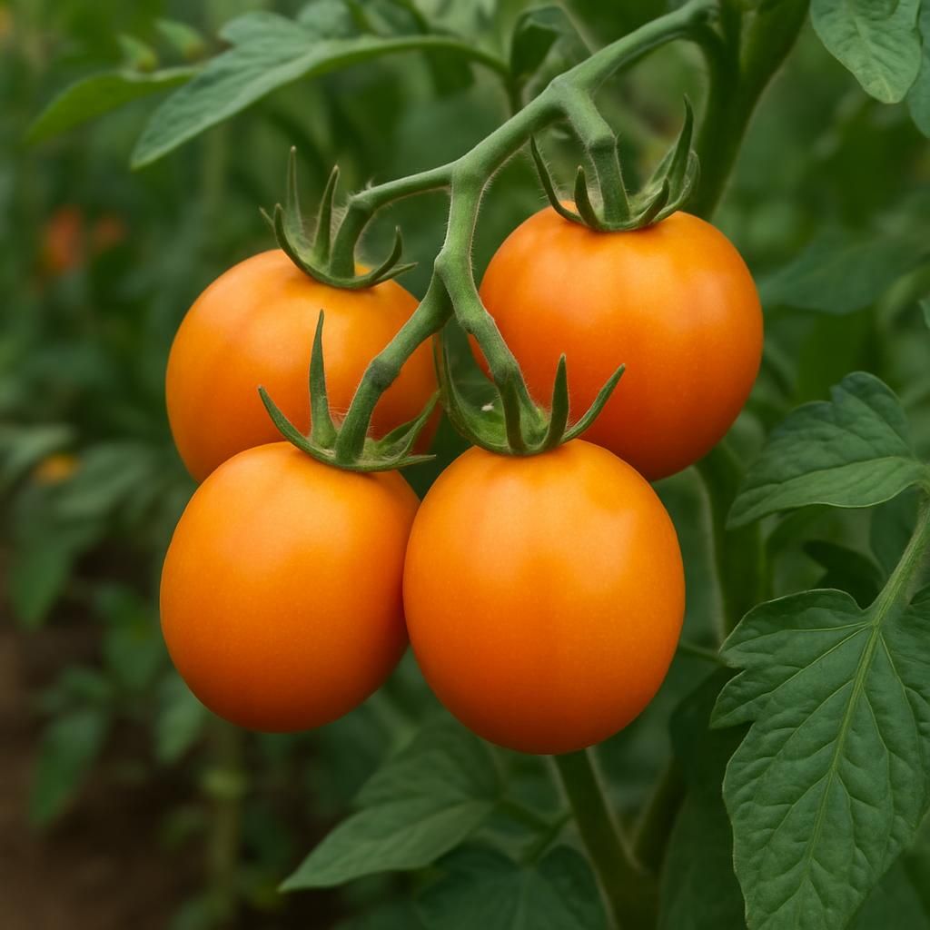 Close-up of ripe orange Jaune Flamme heirloom tomatoes on vine with lush green foliage