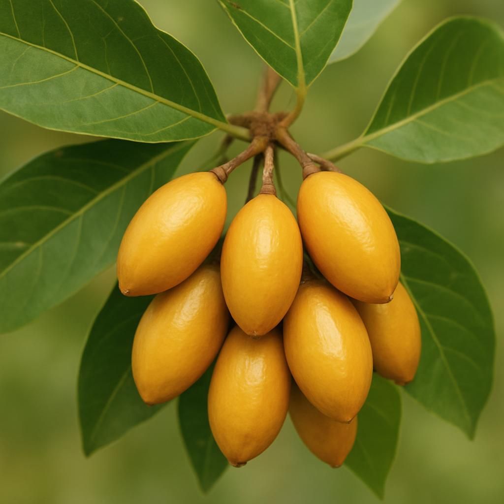 Close-up of ripe Java Almond drupes on tree branch showing dark purple skin and glossy leaves