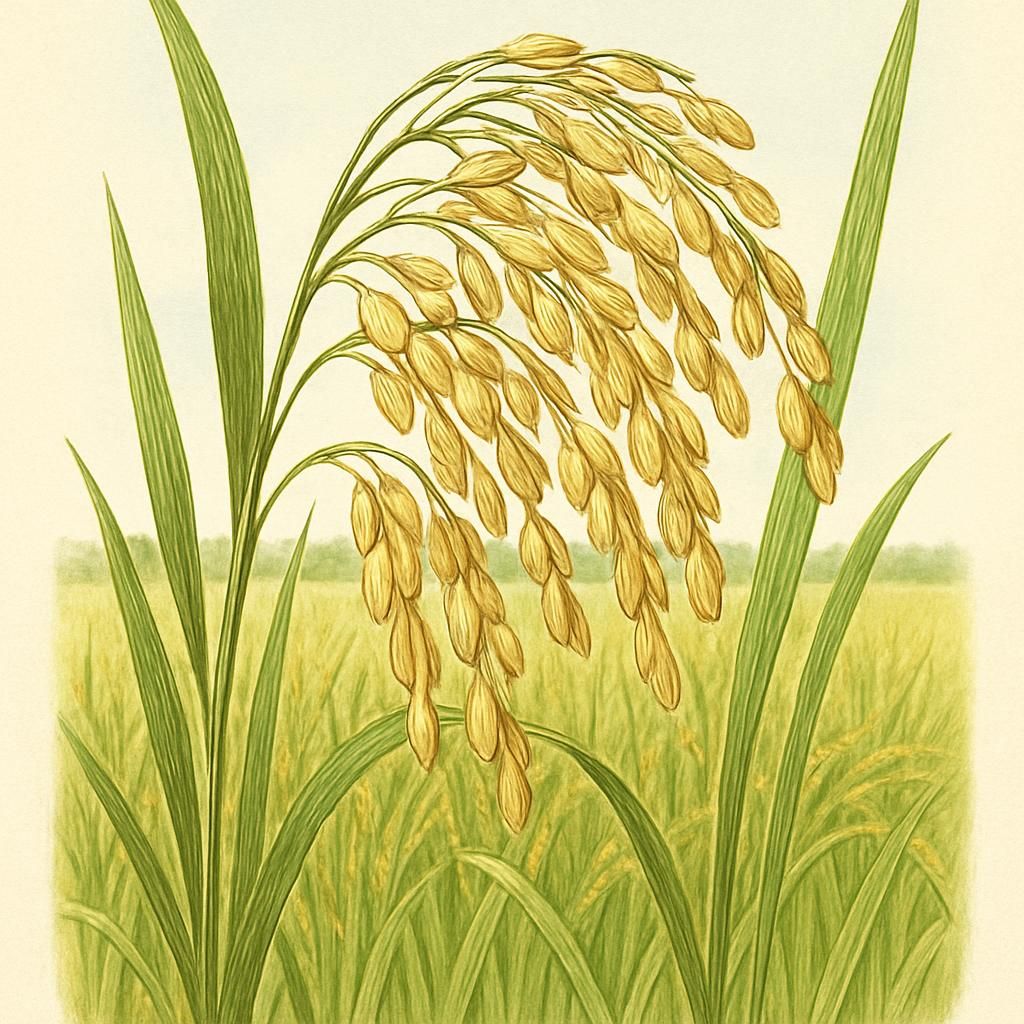 Close-up of Jazzman Rice growing in a paddy field, showcasing long grain and lush growth.