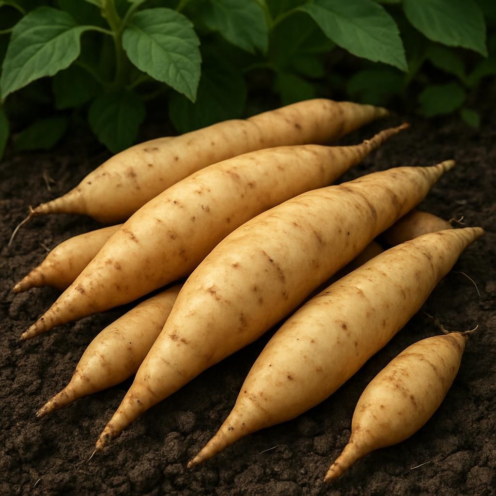 Close-up of smooth Fuseau Jerusalem artichoke tubers on soil with green leaves
