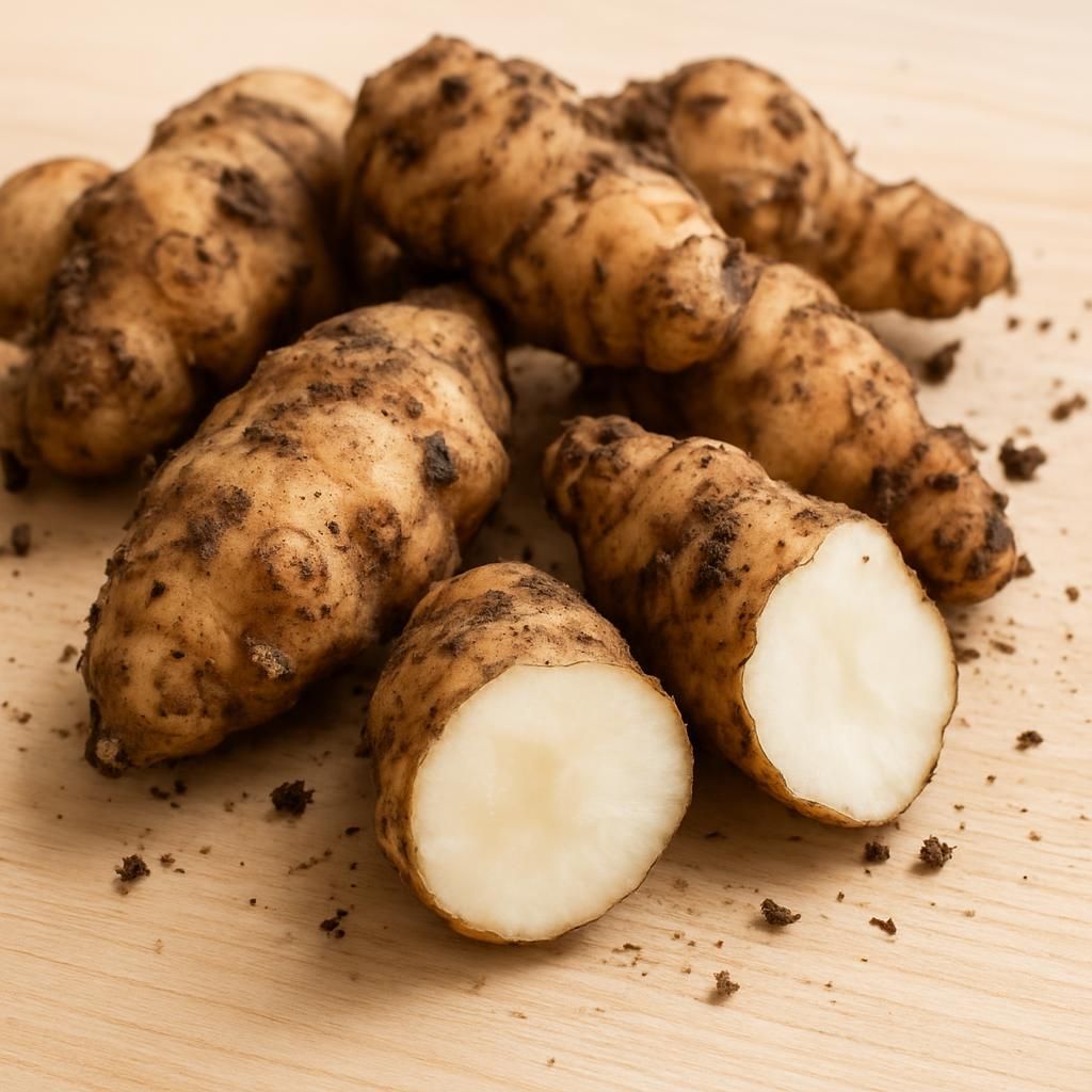 Freshly harvested Jerusalem artichoke Stampede tubers showing knobby tan skins and crisp white flesh