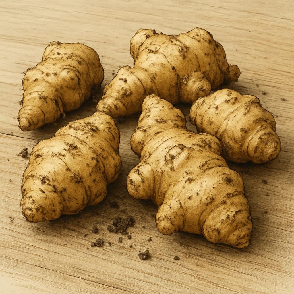 Freshly dug Jerusalem artichoke tubers showing knobby tan skins on wooden surface