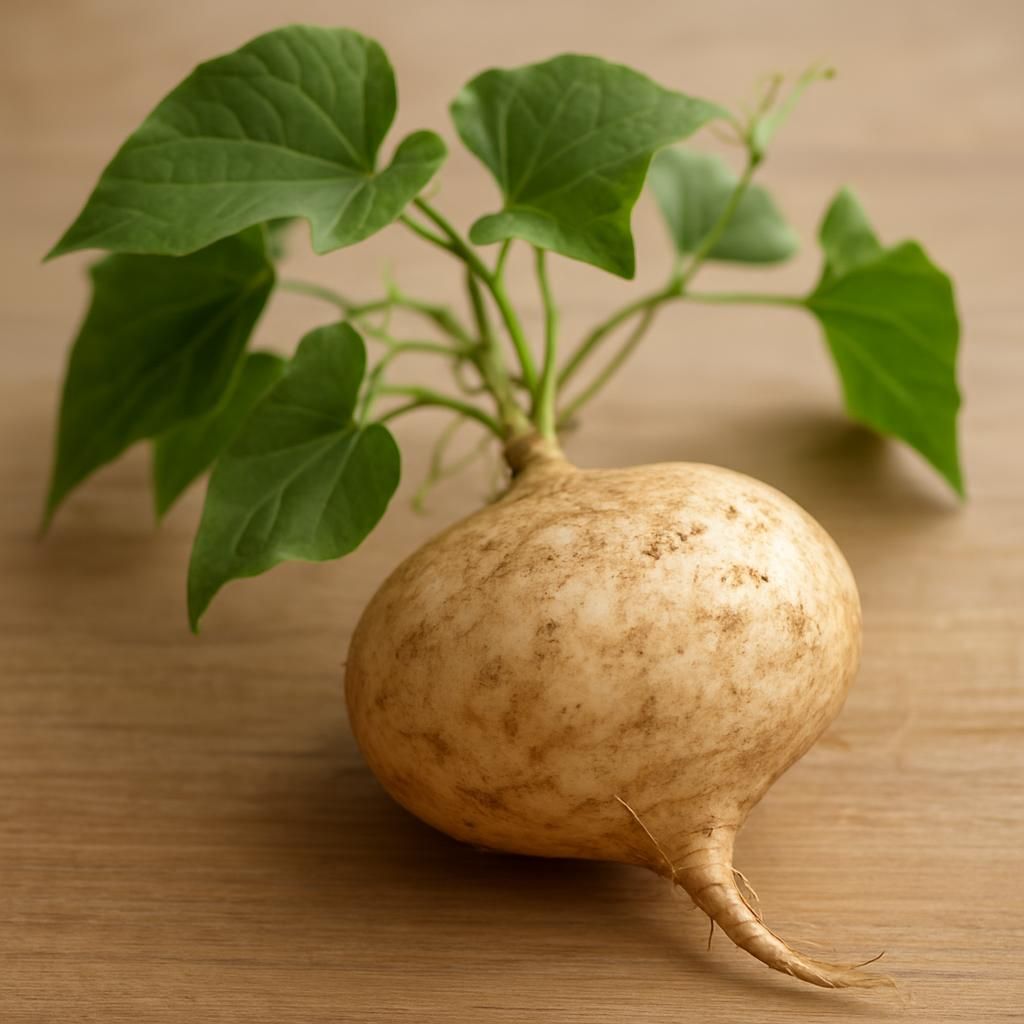 Freshly harvested jicama tuber showing crisp white flesh and green vines