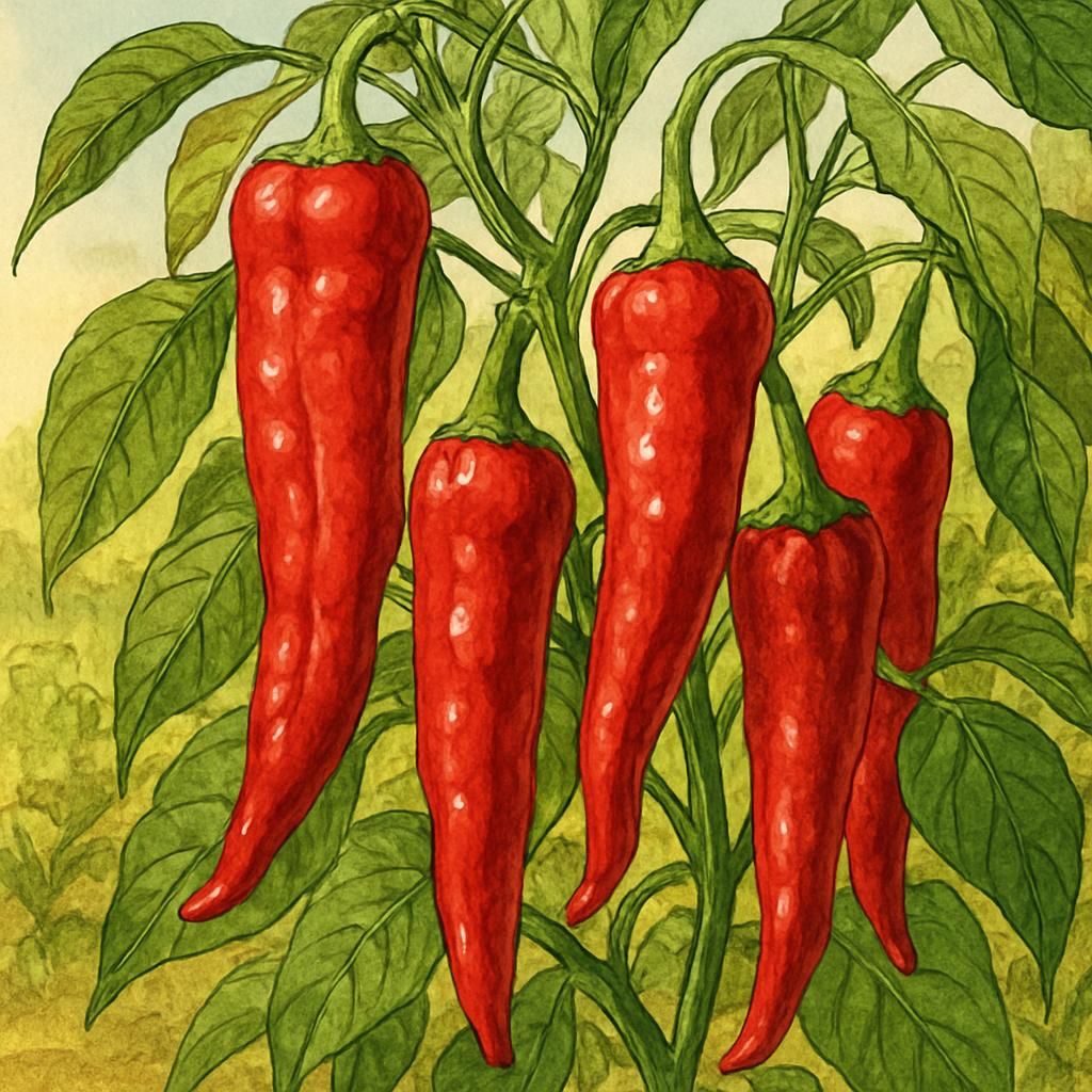 Close-up of ripe Jimmy Nardello Sweet Peppers hanging on a plant in a sunlit garden.