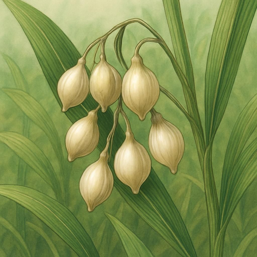 Close-up of ripe Job's Tears seeds in the field showing their distinctive tear shapes.