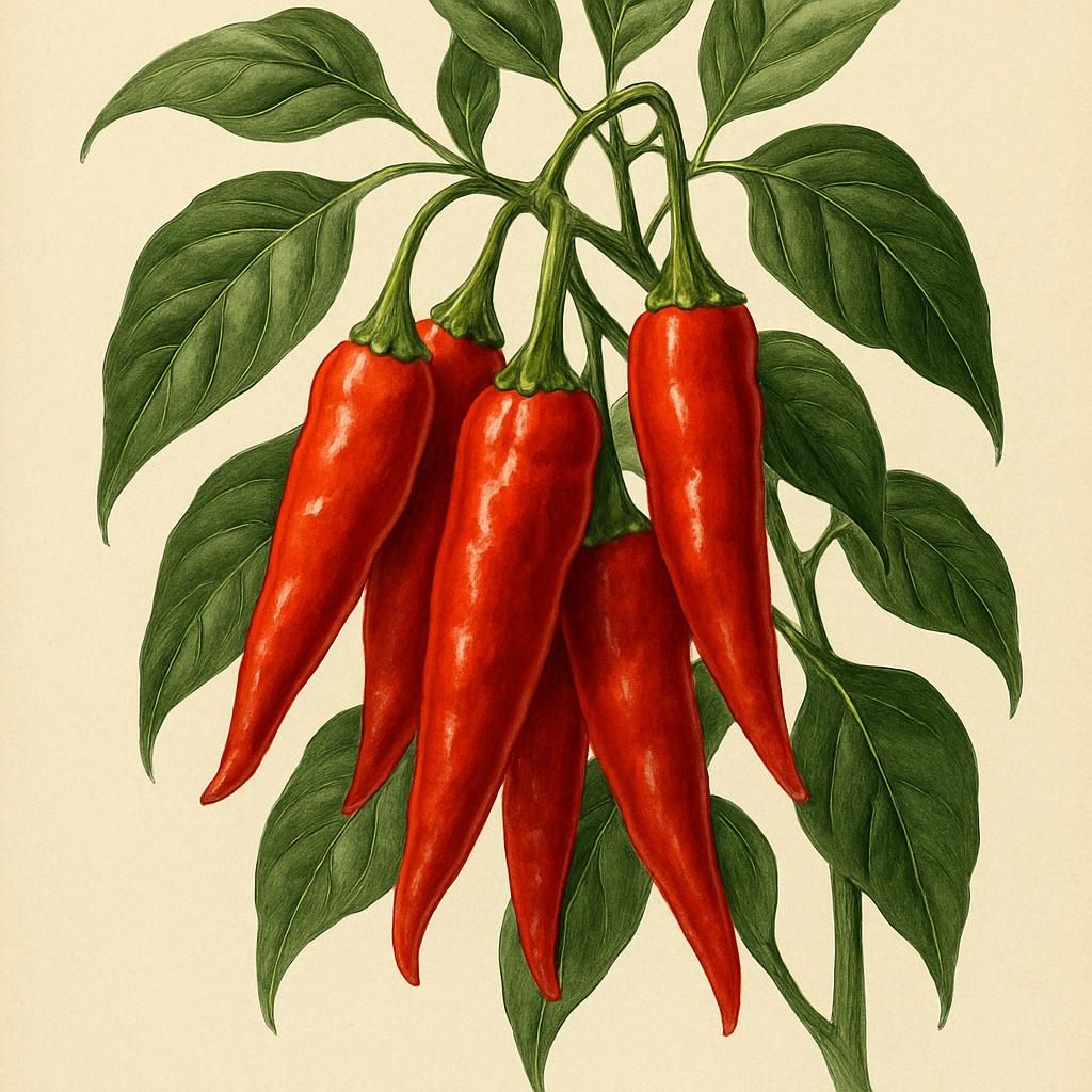 Close-up of Joe E. Parker Chili peppers in vibrant green, hanging on the plant in full sun.
